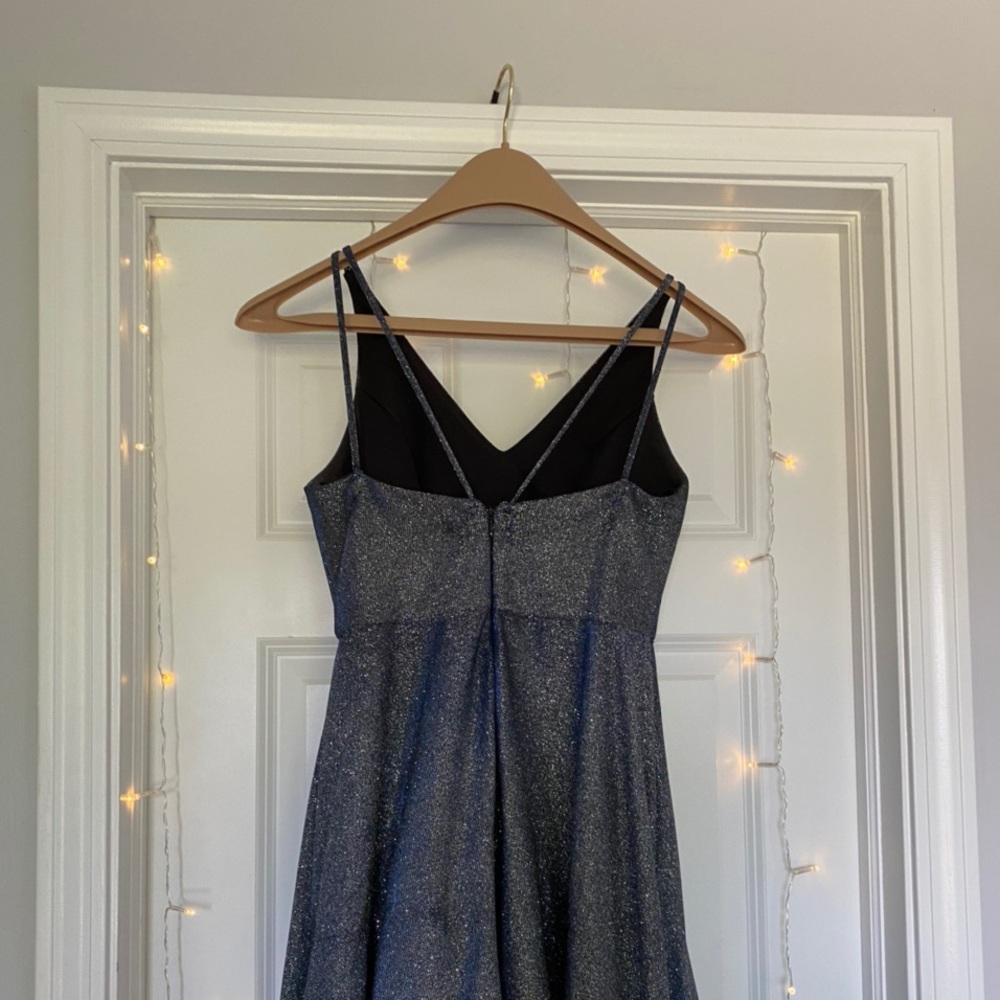 navy glitter knee length hoco dress